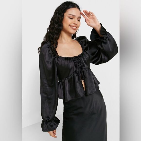 Top Shop Black Satiny Puffed Sleeve Blouse Size 10 - Picture 2 of 14